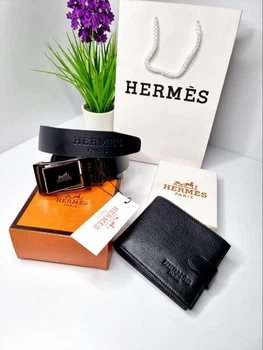 Подарочный мужской набор: Кожаный ремень и черный кошелек Hermes