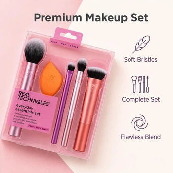 Набір пензлів для макіяжу Real Techniques Everyday Essentials Set 4 професійні пензлі та спонж Miracle Complexion для обличчя, очей і румян
