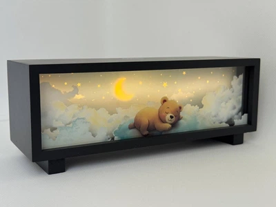 3D LED ночник "Мишка на облаках", подарок ребенку в комнату, корпус дерево, аккумулятор, USB Type-C, сенсорное управление
