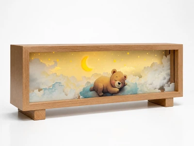 3D LED ночник "Мишка на облаках" подарок ребенку в комнату, корпус дерево, аккумулятор, USB Type-C, сенсорное управление