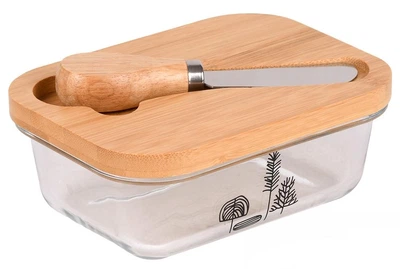 Маслянка скляна Butter з бамбуковою кришкою та ножем 10,5×14,5×6 см для зберігання вершкового масла
