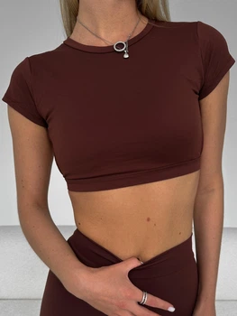 Спортивный женский топ-футболка SportPro Open Back с эффектной открытой спиной и чашками Crop T-shirt L Шоколад (Top51ChocoL)