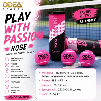 Мячи для падел-тениса 3 шт ODEA Rose, набор для падела для всех типов покрытий 45% шерсти, каучуковые, туба 3 штуки ball_Padel_Rose