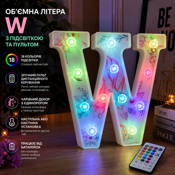 Объемная светодиодная буква W с подсветкой и пультом: декор с единорогом, 18 цветов, настольная или настенная