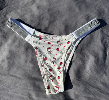 Трусики жіночі Hello Kitty білі зі стразами Victoria's Secret, трусики бікіні білого кольору Хеллоу Кітті зі стразами, XS/S