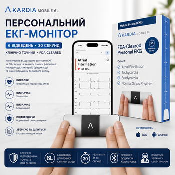 Персональный ЭКГ-монитор AliveCor KardiaMobile 6L, 6 отводов, AFib, 30 секунд, iOS Android