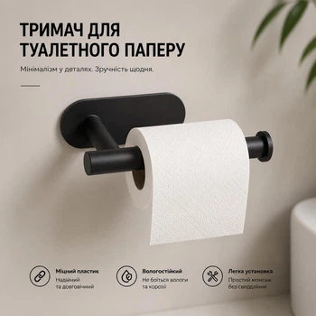 Держатель для туалетной бумаги самоклеящийся черный пластиковый на клейкой основе 3M без сверления для ванной комнаты и туалета