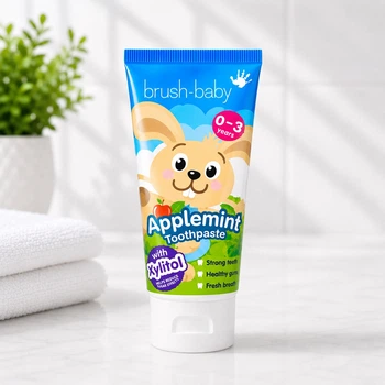 Детская зубная паста Brush-Baby Зайчик, 50 мл – для детей от 0 до 3 лет, с фтором 1000, вкус яблочная мята