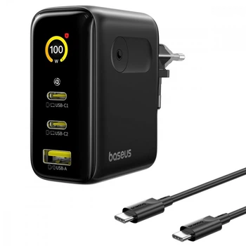 Зарядний пристрій Baseus PicoGo AE21 100W з 3 портами та швидкою зарядкою PD/QC + Кабель Type-C, чорний