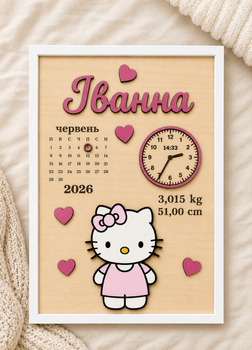 Деревянная метрика для новорожденного «Иванна» с Hello Kitty а4