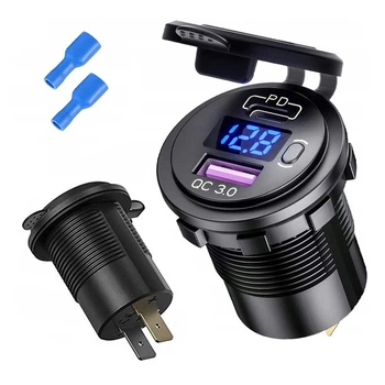 Автомобільний адаптер USB 3.0 QC + PD Type-C (40W), врізна розетка-зарядка 12-24В з кнопкою та вольтметром