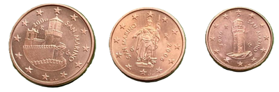 Набір монет євроцентів 1, 2, 5 Сан-Марино. San Marino 2006 UNC