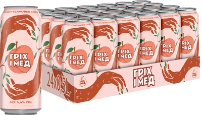 Упаковка сидра ГРІХ І МЕД со вкусом персика 4.4% 0.5 л х 24 шт (4820002714042)
