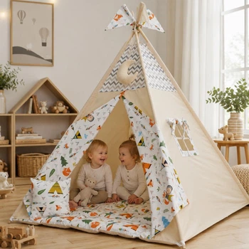 Большая Палатка-Вигвам для детей WIGWAMHOME "Лисички-Индейцы" 150х150х200см, бежевая