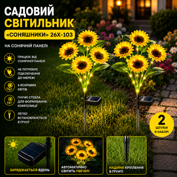 Садовый светильник на солнечной батарее Подсолнухи 26X-103 набор 2 шт с LED-подсветкой для газона и клумбы с гибкими стеблями