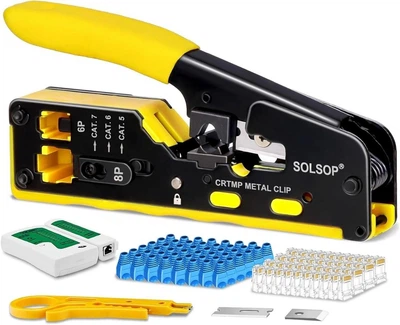 Набор для обжима витой пары RJ45 — кримпер SOLSOON + тестер кабеля + коннекторы + колпачки