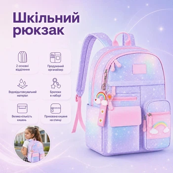Шкільний водовідштовхувальний ранець для дівчаток вмісткий рюкзак Єдиноріг з 2 основними відділами, передніми та боковими кишенями, яскравими брелоками для школи, гуртків, подорожі