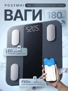 Умные весы для фитнеса напольные электронные до 180 кг диагностические из закаленного стекла LED-дисплей синхронизация со смартфоном для контроля показателей