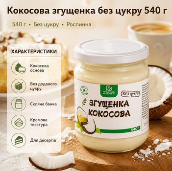 Кокосова згущенка без цукру 540 г натуральний рослинний продукт у скляній банці
