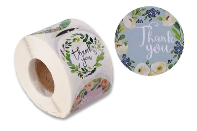 Наклейки стікери "Thank you", різнокольорові квіти, круглі 3.8 см, 500 шт./рулон, самоклеючі етикетки для пакування подарунків, декору та скрапбукінгу