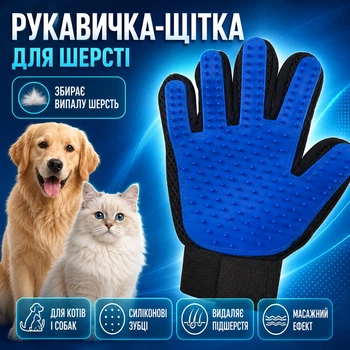 Рукавичка-щітка для вичісування шерсті домашніх тварин синя