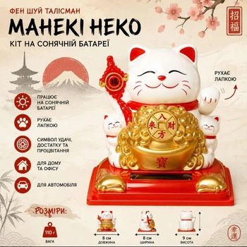 Фигурка Манэки Нэко Талисман японский кот с изобилием на солнечной батарейке Белый Фен шуй Достаток и успех