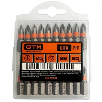 Набор бит GTM PH1, 25мм, 20шт. (SB-H1-25K)
