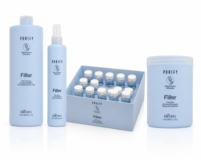 Набор для обезвоженных и ломких волос Kaaral Purify Filler Шампунь 1000 мл, Маска 1000 мл, Спрей 300 мл и Лосьон 12х10 мл