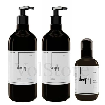 Набор для увлажнения и блеска волос Deeply: Увлажняющий шампунь Deeply Hydrating Shampoo 1л / Увлажняющий кондиционер Deeply Hydrating Conditioner 1л / Крем для блеска волос Deeply Brilliant Finishing Cream 200мл