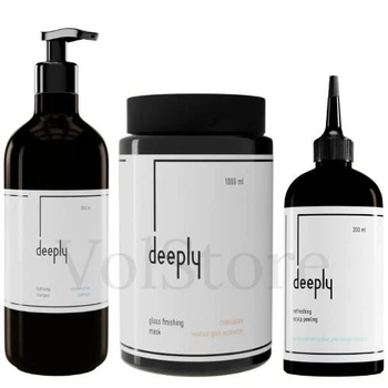 Набор для увлажнения и сияния волос Deeply: Увлажняющий шампунь Deeply Hydrating Shampoo 1л / Глянцевая маска Deeply Gloss Finishing Mask 1л / Пилинг для кожи головы Deeply Refreshing Scalp Peeling 200мл