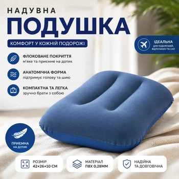 Надувна подушка Bestway туристична підголівник для сну та відпочинку дорожня флок компактна blue