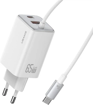 Ładowarka sieciowa Usams JC Series CC266 65W GaN Fast Charger 1xUSB-C 1xUSB-A + wbudowany kabel USB-C 1.5 m White (CC266TC02)