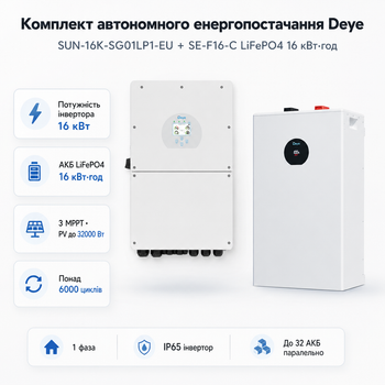 Комплект автономного енергопостачання Deye SUN-16K-SG01LP1-EU 16 кВт + Deye SE-F16-C LiFePO4 16 кВт·год