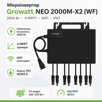 Микроинвертор для солнечных панелей Growatt NEO 2000M-X2 (WF) 2000 Вт 4 MPPT WiFi IP67 Black