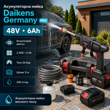 Аккумуляторная мойка высокого давления Daikens Germany PRO 48V 6Ah бесщеточная с двумя аккумуляторами шлангом 5 м и кейсом
