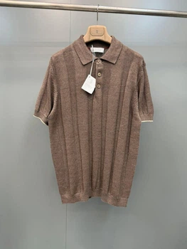 Мужская коричневая трикотажная футболка поло Brunello Cucinelli Henley из льна и хлопка размер XL