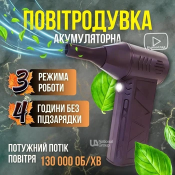 Аккумуляторная воздуходувка универсальная для уборки пыли, листьев, очистки клавиатуры, электроники, авто, турбовентилятор беспроводной портативный с 3 скоростями, ручной выдуватель с конусной насадкой Черный AZTD-52