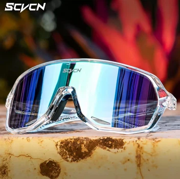 Спортивные очки солнцезащитные велосипедные SCVCN UV400 (сине-зеленая линза, прозрачная оправа)