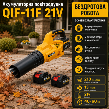 Аккумуляторная воздуходувка QIF 11F 21V с двумя аккумуляторами скорость воздуха 210 км ч для уборки листьев снега пыли и мусора желтая