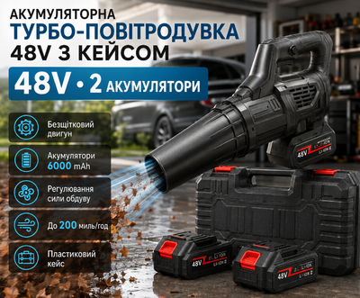 Акумуляторна турбо повітродувка Fan&Fan 48V 6000 mAh з двома акумуляторами безщітковим двигуном у кейсі для прибирання листя сміття пилу та снігу