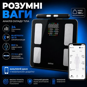Розумні ваги підлогові для тіла ваги з аналізатором складу тіла діагностичні ваги zortiva smart premium 26893 bluetooth wi fi bmi до 180 кг синхронізація зі смартфоном високоточні електронні ваги