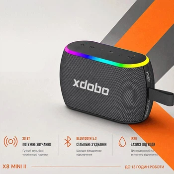 Беспроводная портативная Bluetooth колонка Xdobo X8 Mini II IPX6 |BT5.3, 30W, USB/AUX/TF, 13h|