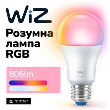 Розумна LED лампа WiZ E27 White and Color Ambiance A60 806лм 60Вт, WiFi, Matter, Bluetooth, 8720169072299
