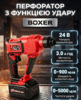 Аккумуляторный перфоратор Boxer SR150 24 В с двумя аккумуляторами патроном SDS Plus набором сверл и насадок для сверления дерева металла и бетона