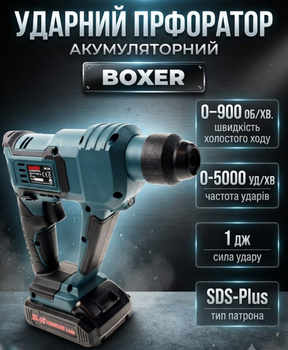 Аккумуляторный перфоратор Boxer SR146 20.4 В с двумя аккумуляторами патроном SDS Plus мягкой рукояткой кейсом и набором насадок синий