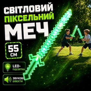 Алмазный Пиксельный меч в стиле Майнкрафт / Minecraft со звуковыми эффектами Ледяной LED Меч со светом и звуками 55×14 см, зеленый
