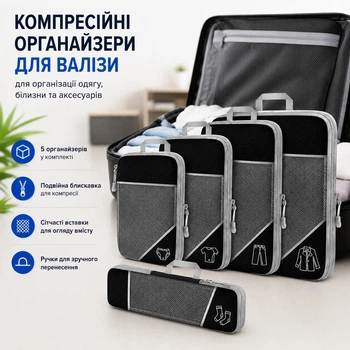 Компрессионные органайзеры для чемодана 5 шт, набор дорожных чехлов для одежды и аксессуаров, черные