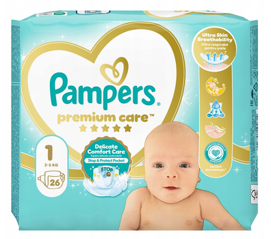 Підгузки Pampers Premium Care 1 Newborn (2–5 кг), 26 шт — ультрам'які підгузки для новонароджених