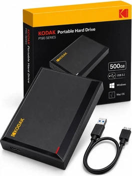 Зовнішній жорсткий диск Kodak P190 500GB Портативний кишеньковий HDD USB 3.2 Gen1 накопичувач для ноутбука ПК Зберігання даних програм фото відео usb переносний вінчестер Windows Mac OS юсб OTG Android 500 Гб Black