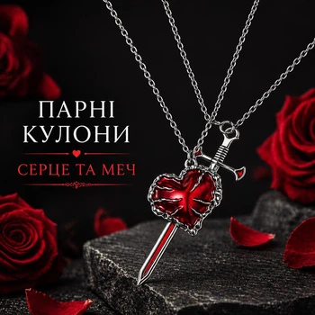 Парні кулони Серце та меч на ланцюжку, кулони для двох